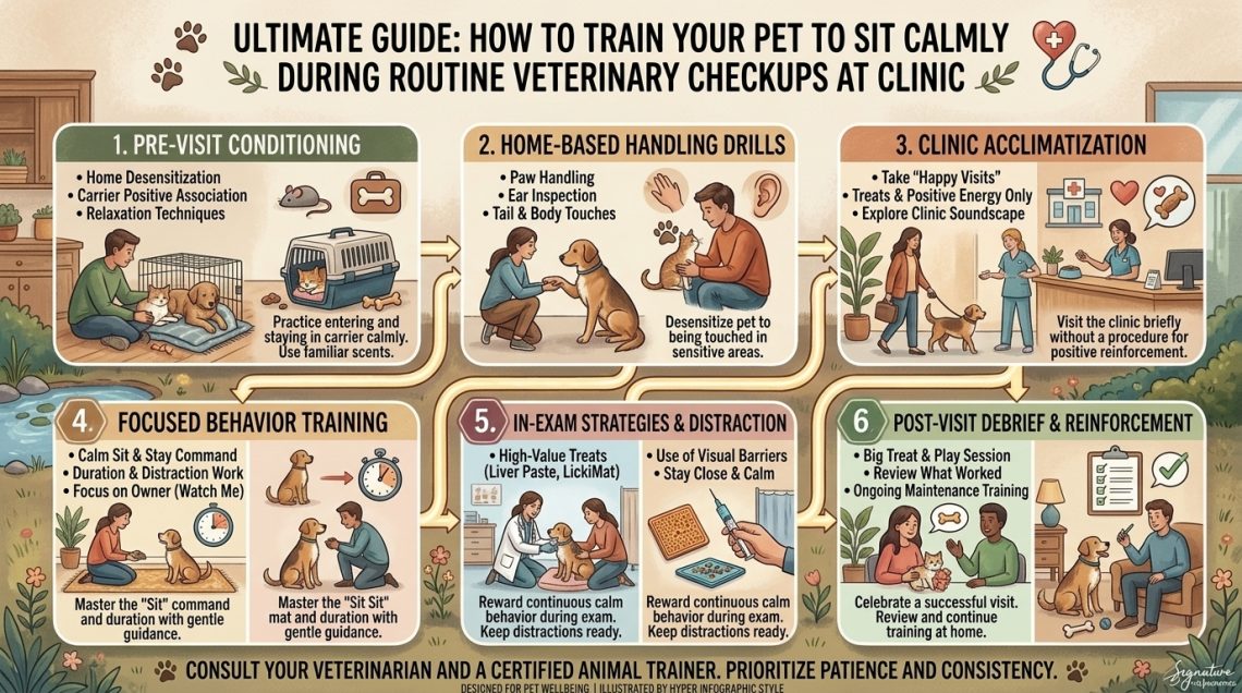 how to train your pet to sit calmly during routine veterinary checkups at clinic